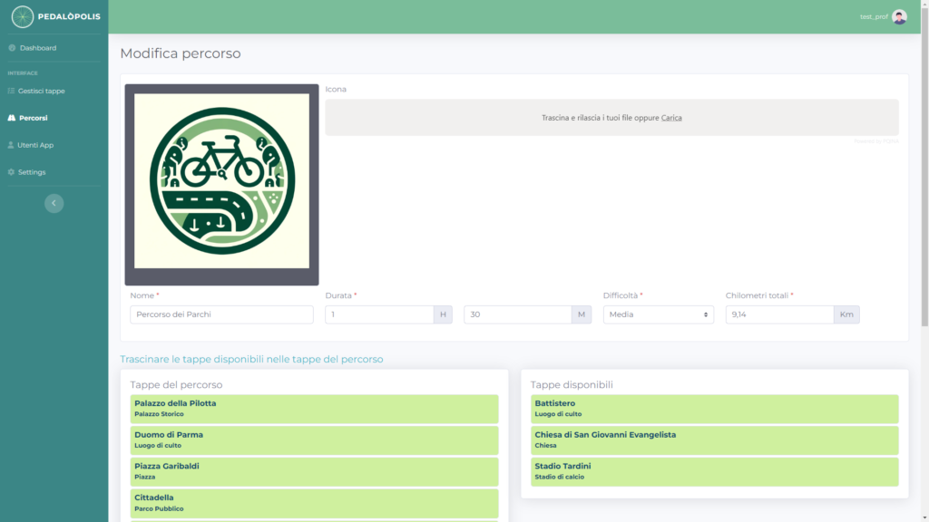 Area di amministrazione di Pedalopolis: configurazione dei quiz associati alle tappe.